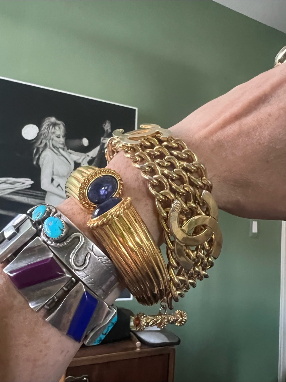 Vintage Monet gold plated hinged cuff with blue lapis lazuli cabochon stones